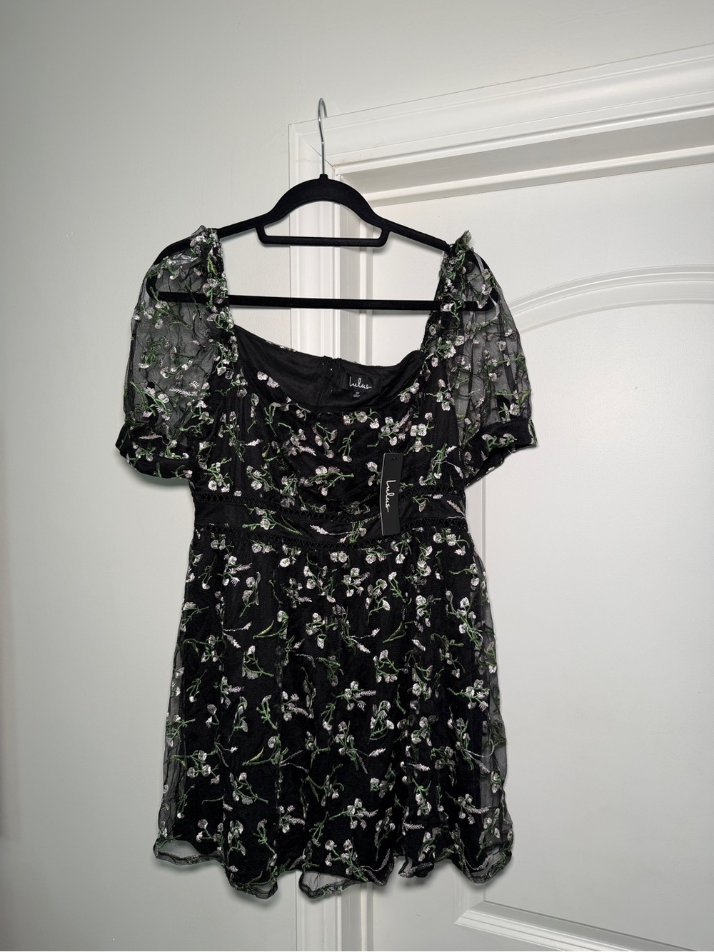 Lulu's Black Floral Square-Neck Mini Dress with Sheer Puff Sleeves - Picture 2 of 3